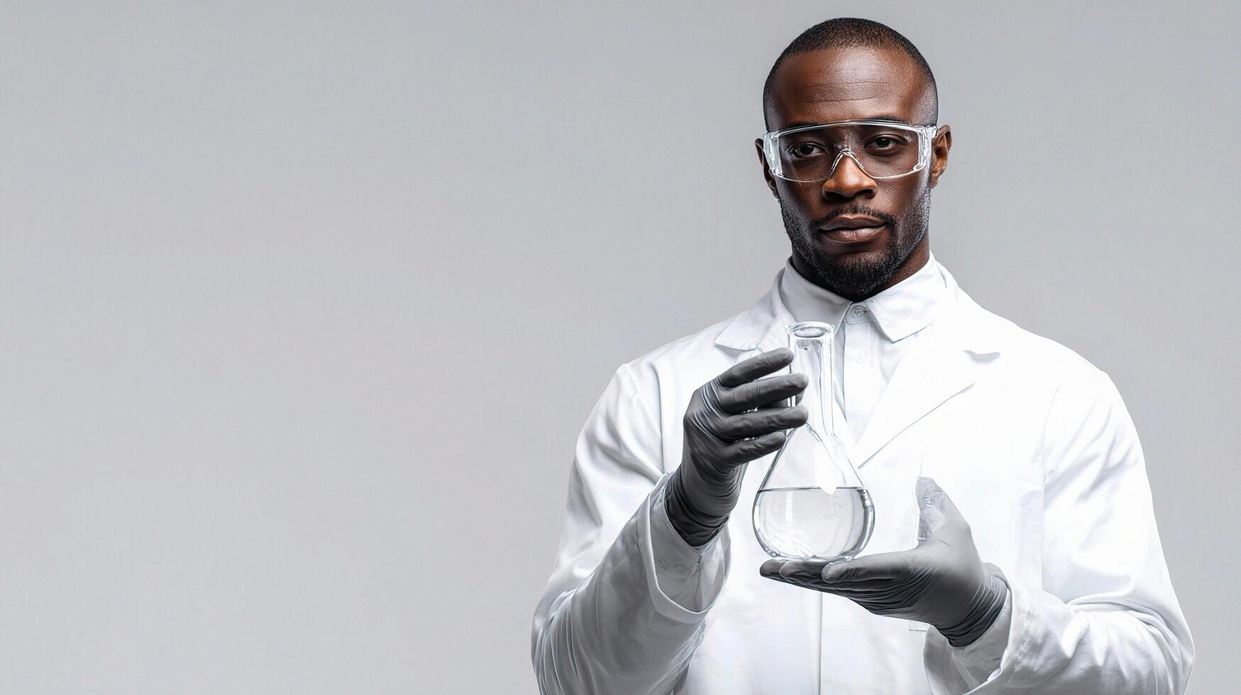 A black man in a lab coat holding a glass flask photo