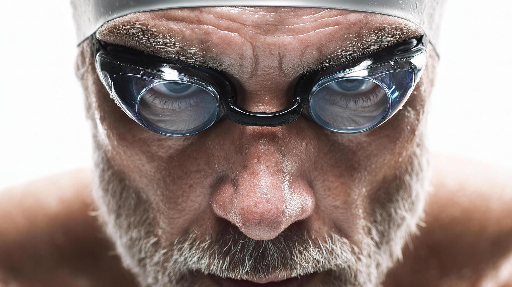 An older man wearing goggles and swimming cap photo
