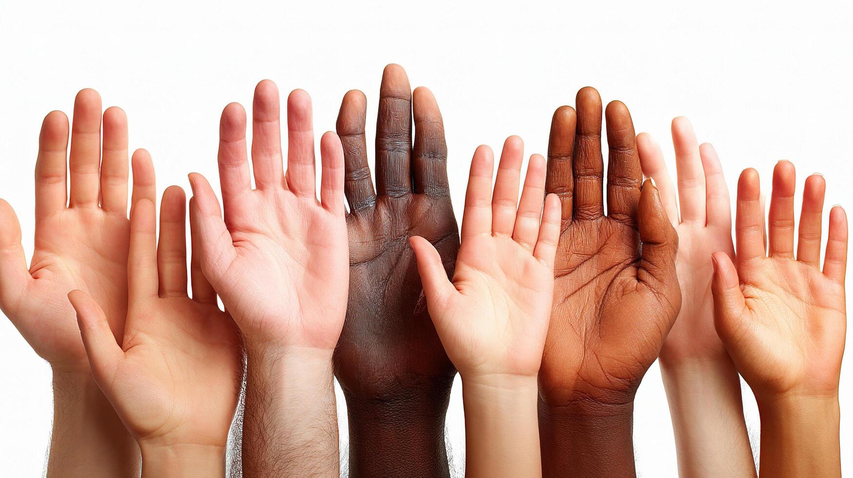 Many different colored hands reaching up to the sky photo