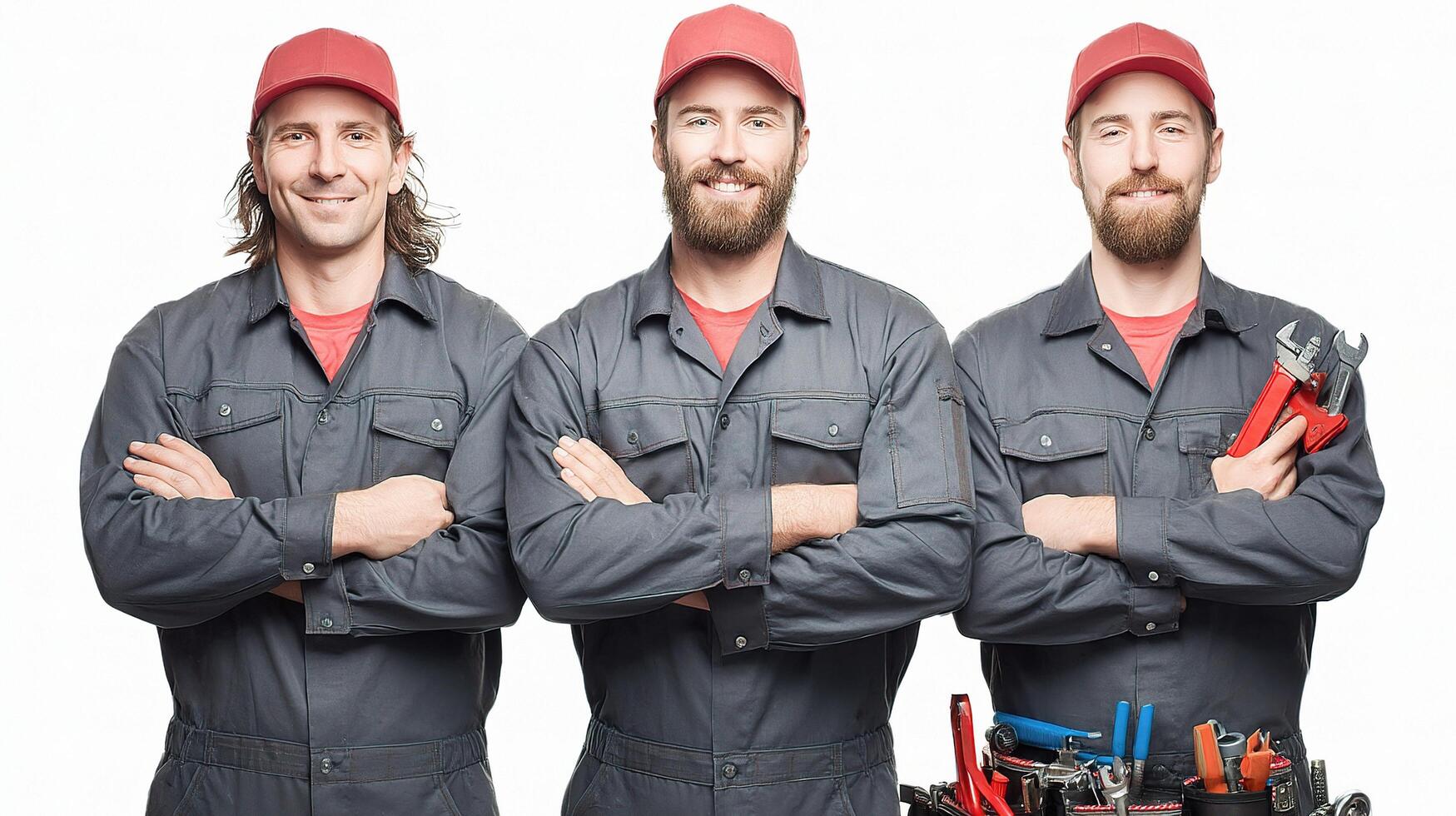 Three men in work clothes with tools photo