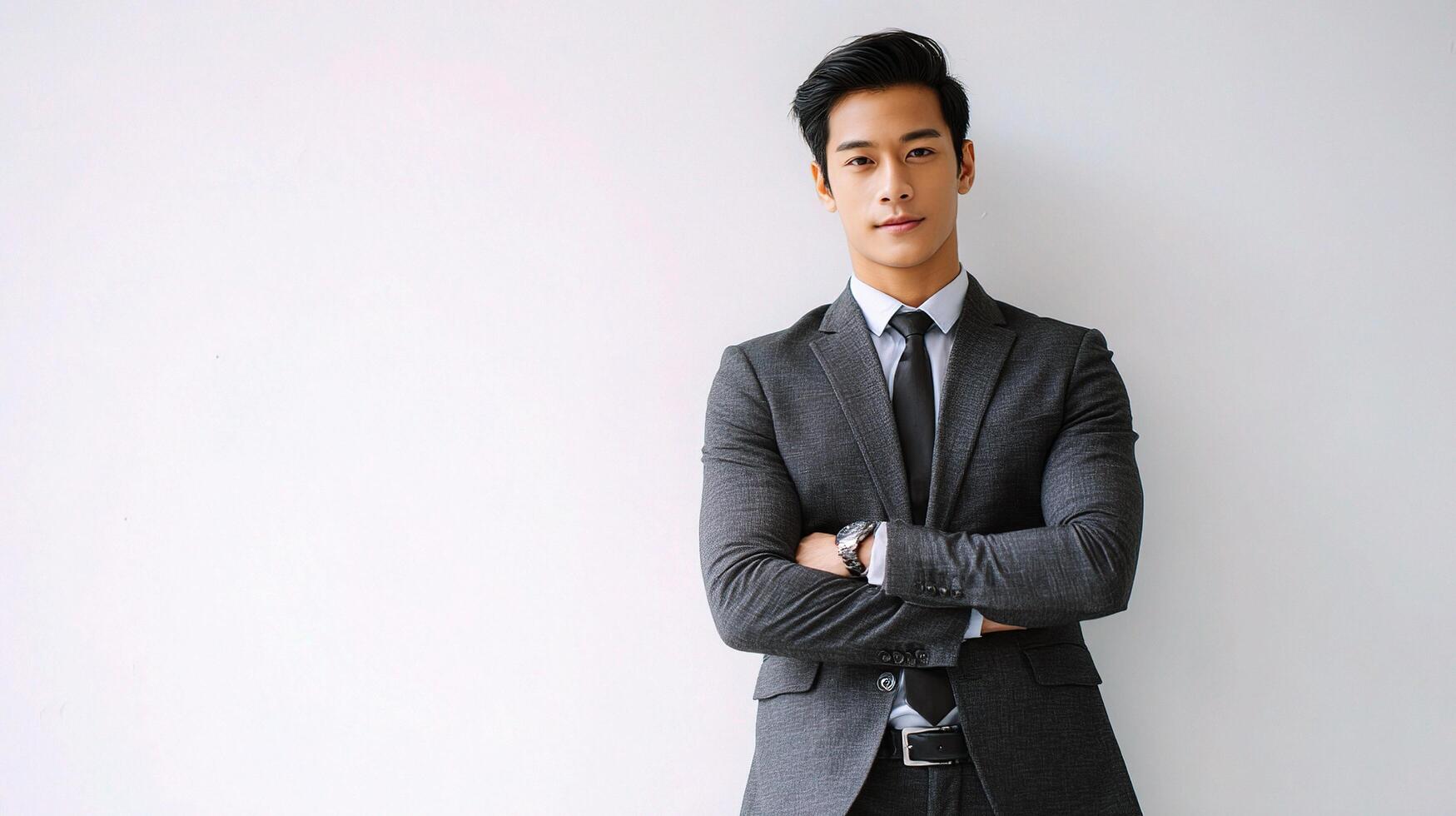 Asian businessman standing with arms crossed against white background photo