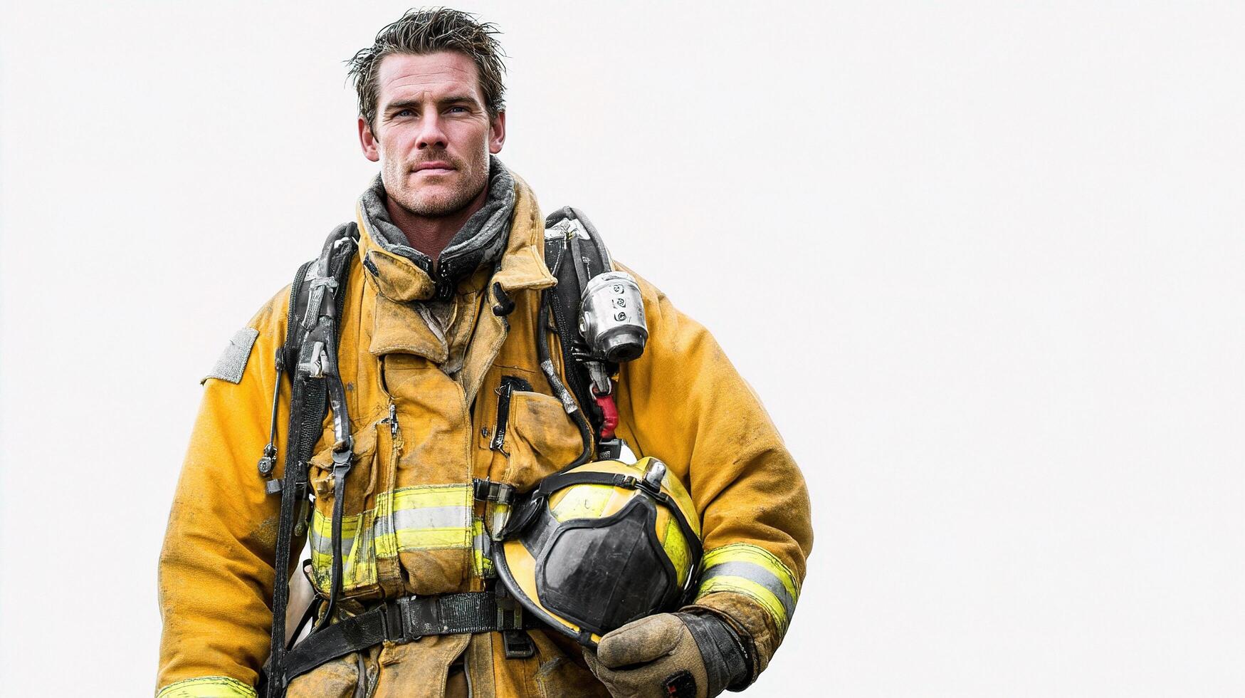 A firefighter is standing in front of a white background photo