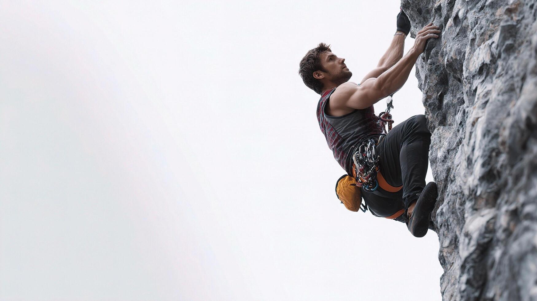 A man is climbing on a rock wall photo