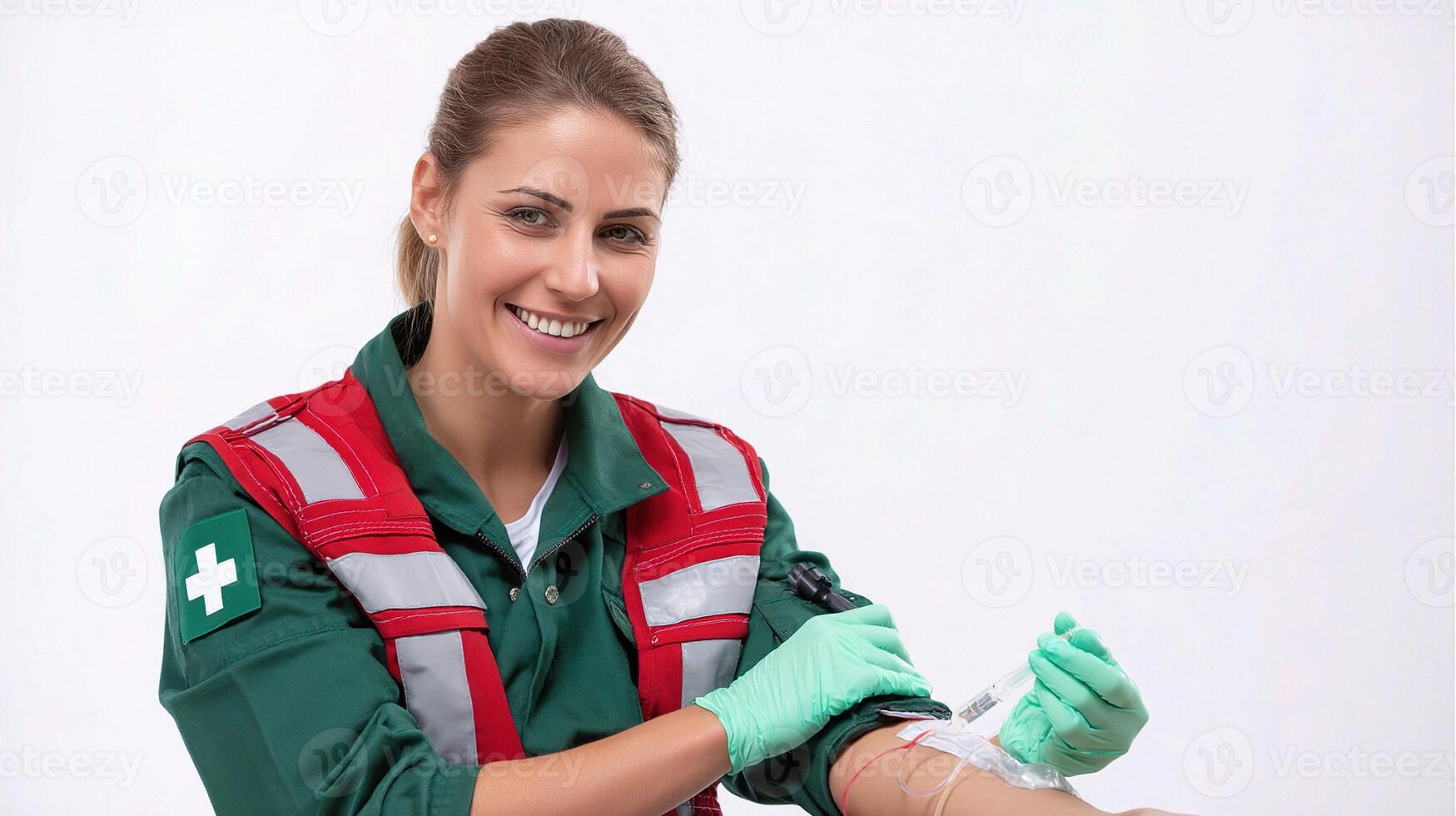 A woman in a red and green uniform is holding a blood pressure cuff photo
