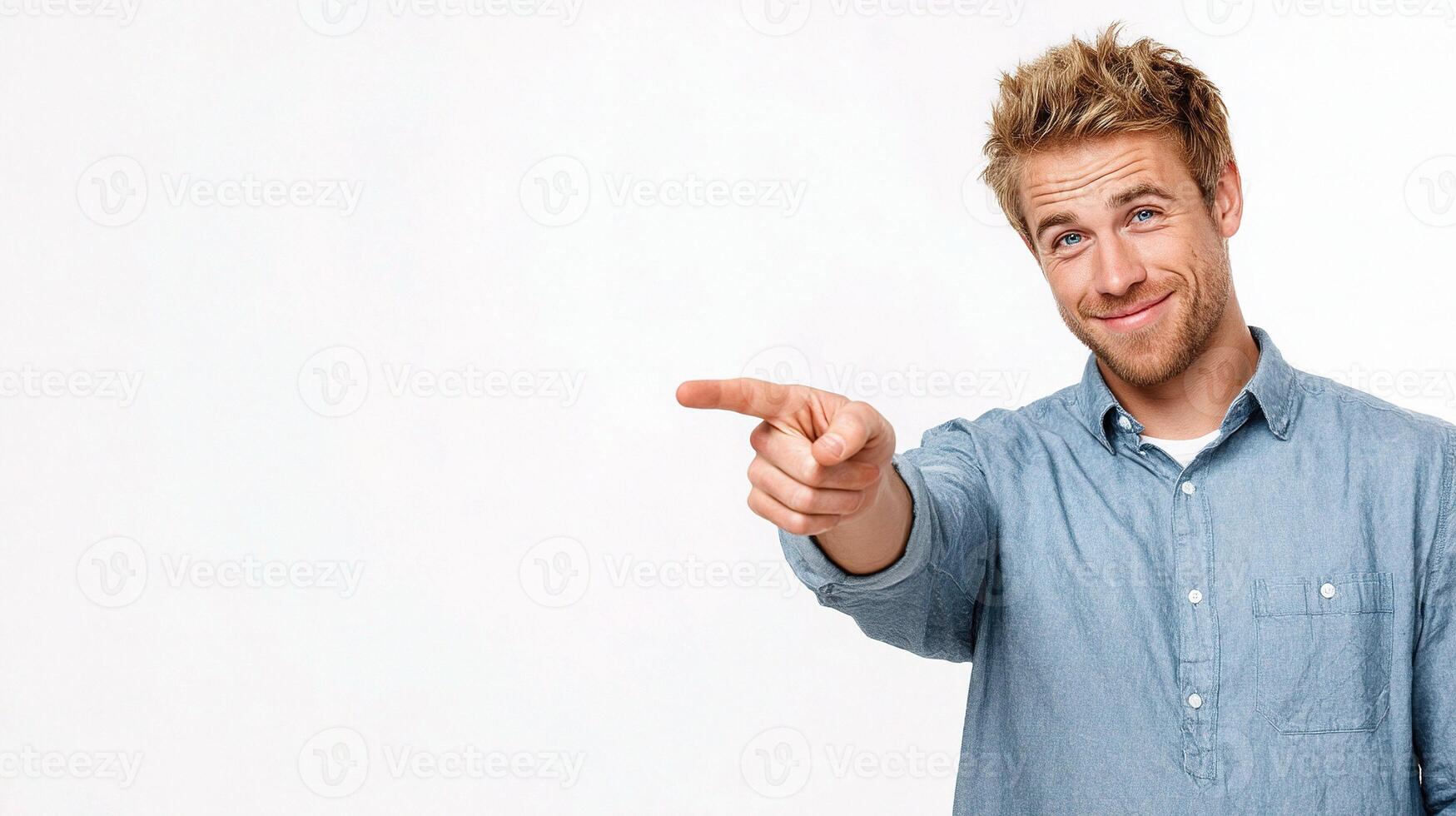 A man pointing at something on a white background photo