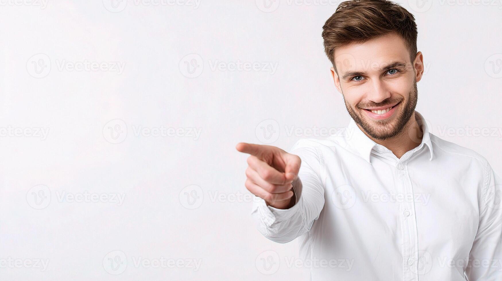 A man in a white shirt pointing at something photo