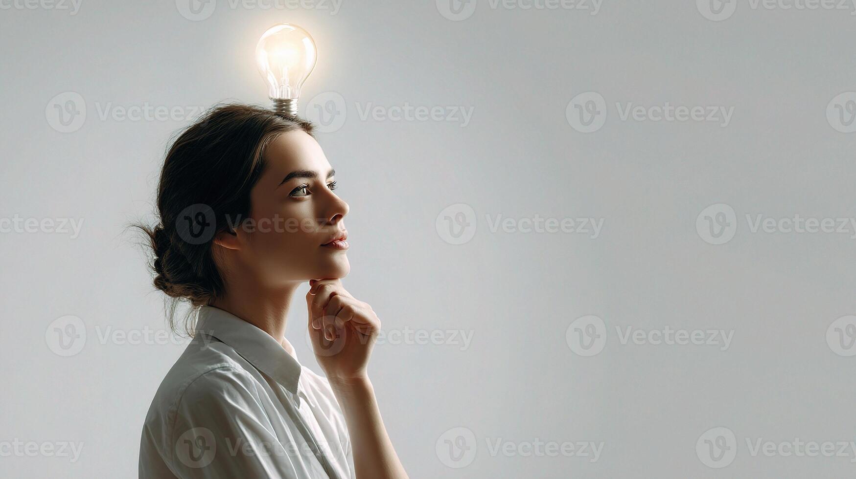 A woman is looking up with a light bulb on her head photo