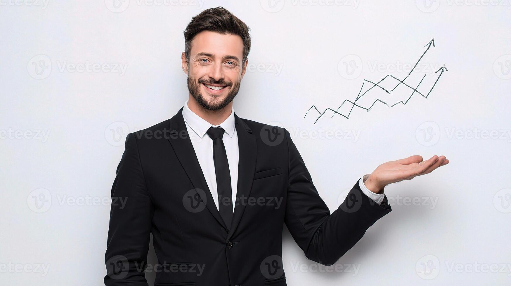 Businessman in suit holding up graph line on white board photo