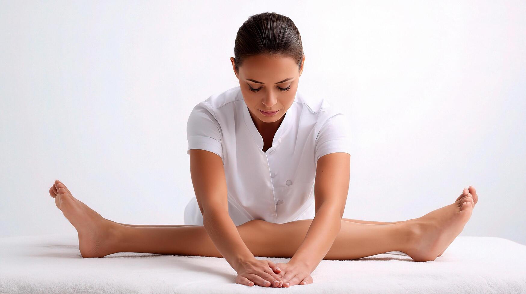 A woman is stretching her legs on a bed photo