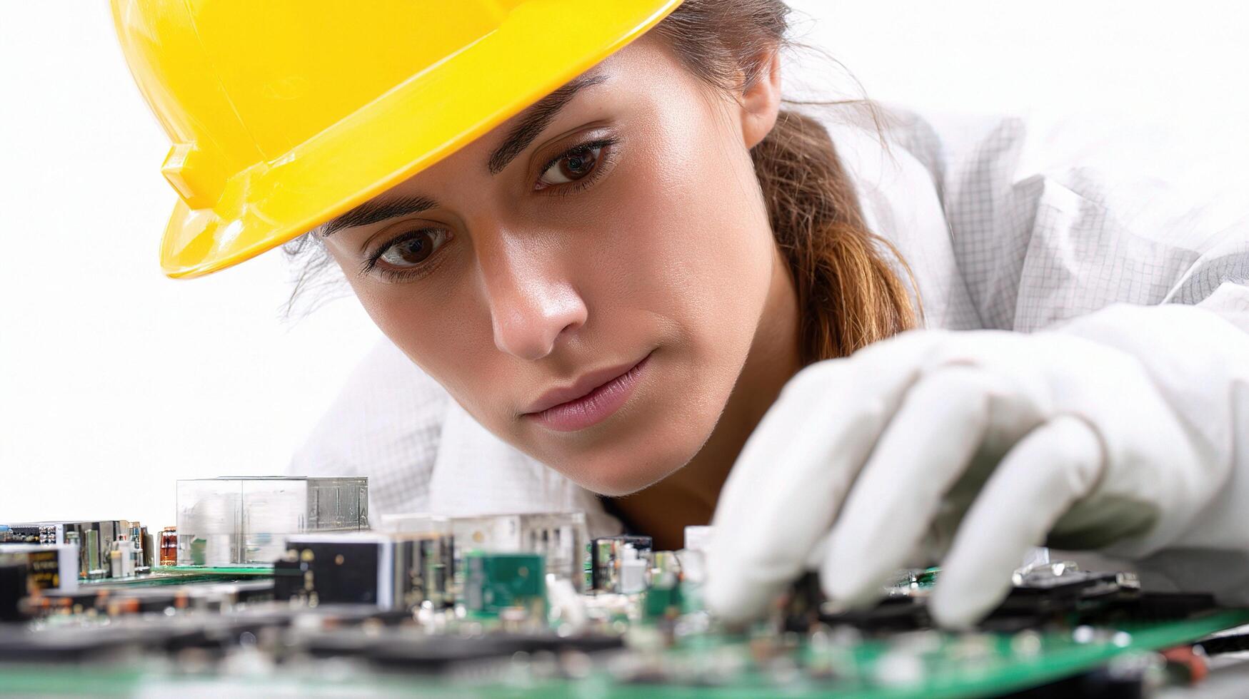 A woman in a hard hat working on a computer photo
