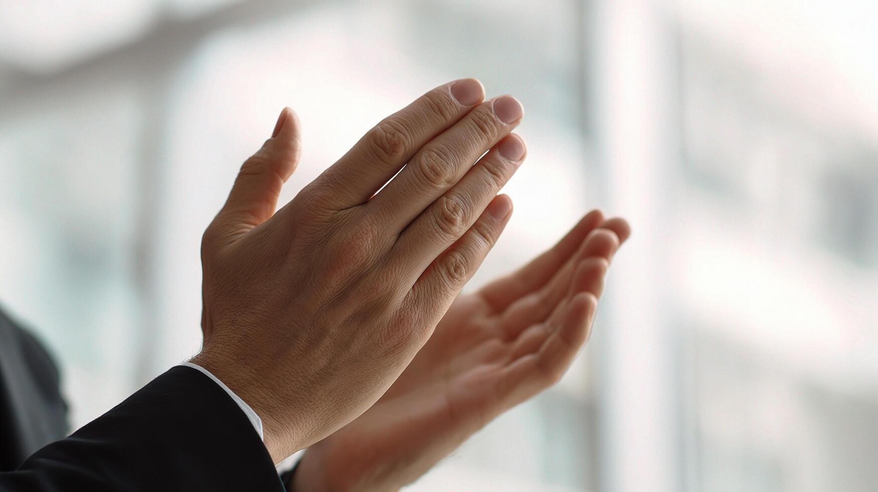 A person in a suit is clapping their hands photo