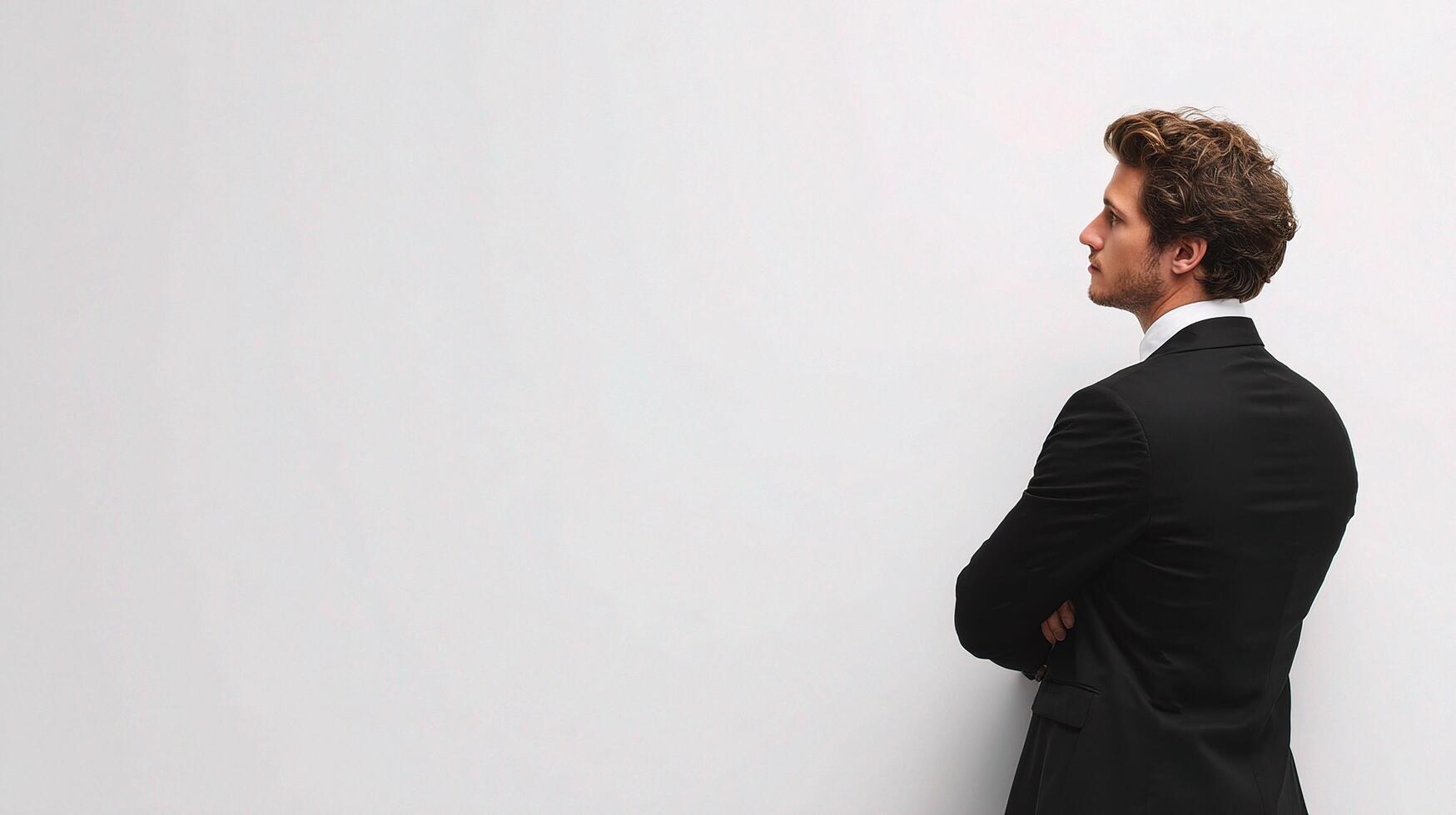 A man in a suit standing against a white wall photo