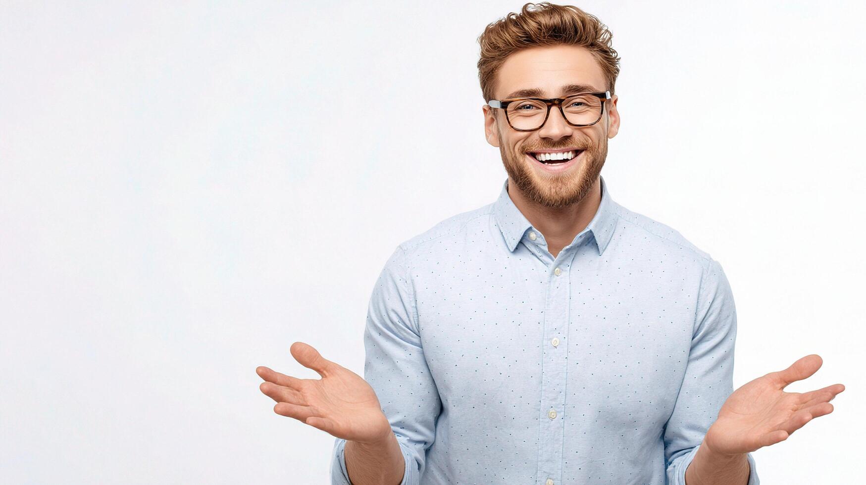A man with glasses and a shirt is smiling photo