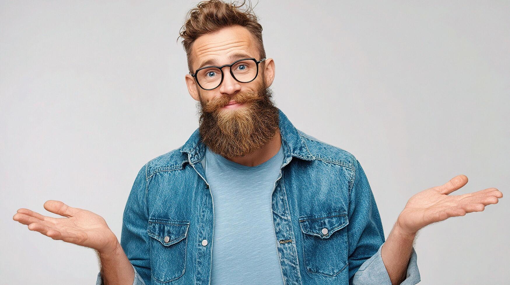 A bearded man with glasses and a blue shirt is holding his hands out photo