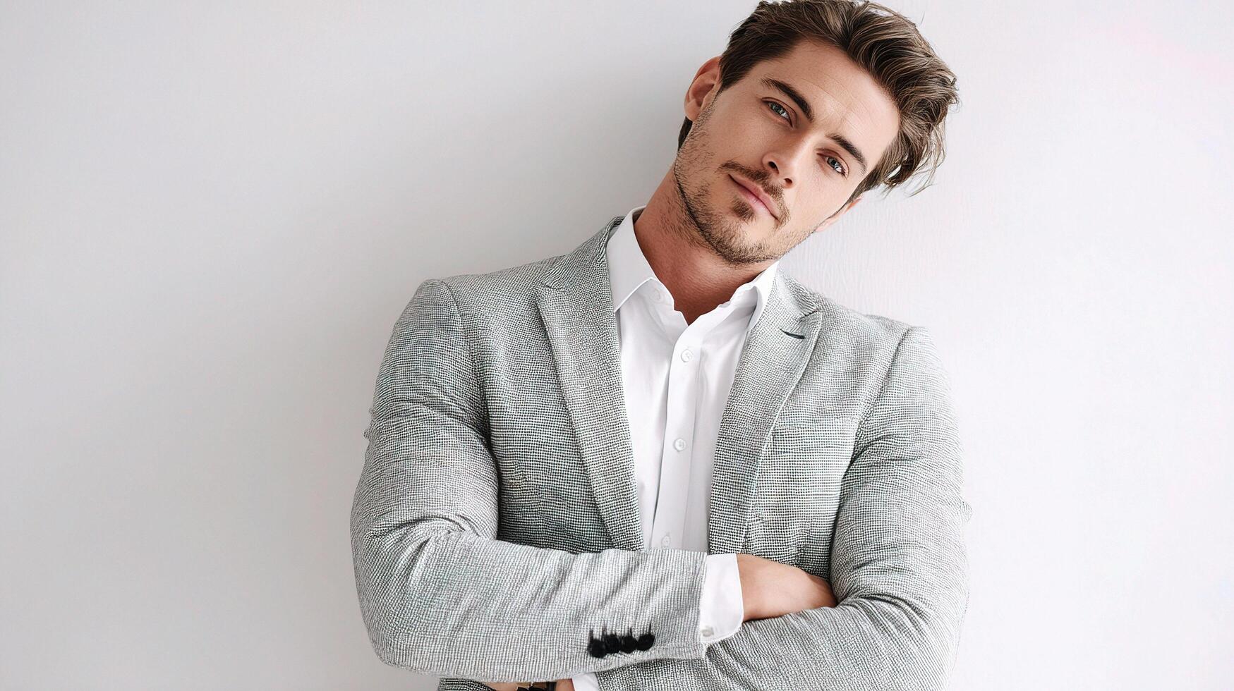 A man in a suit leaning against a wall photo