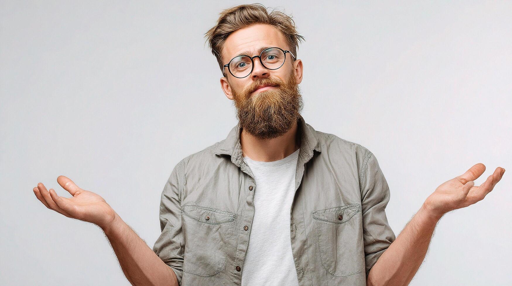 A man with a beard and glasses is holding his hands out photo
