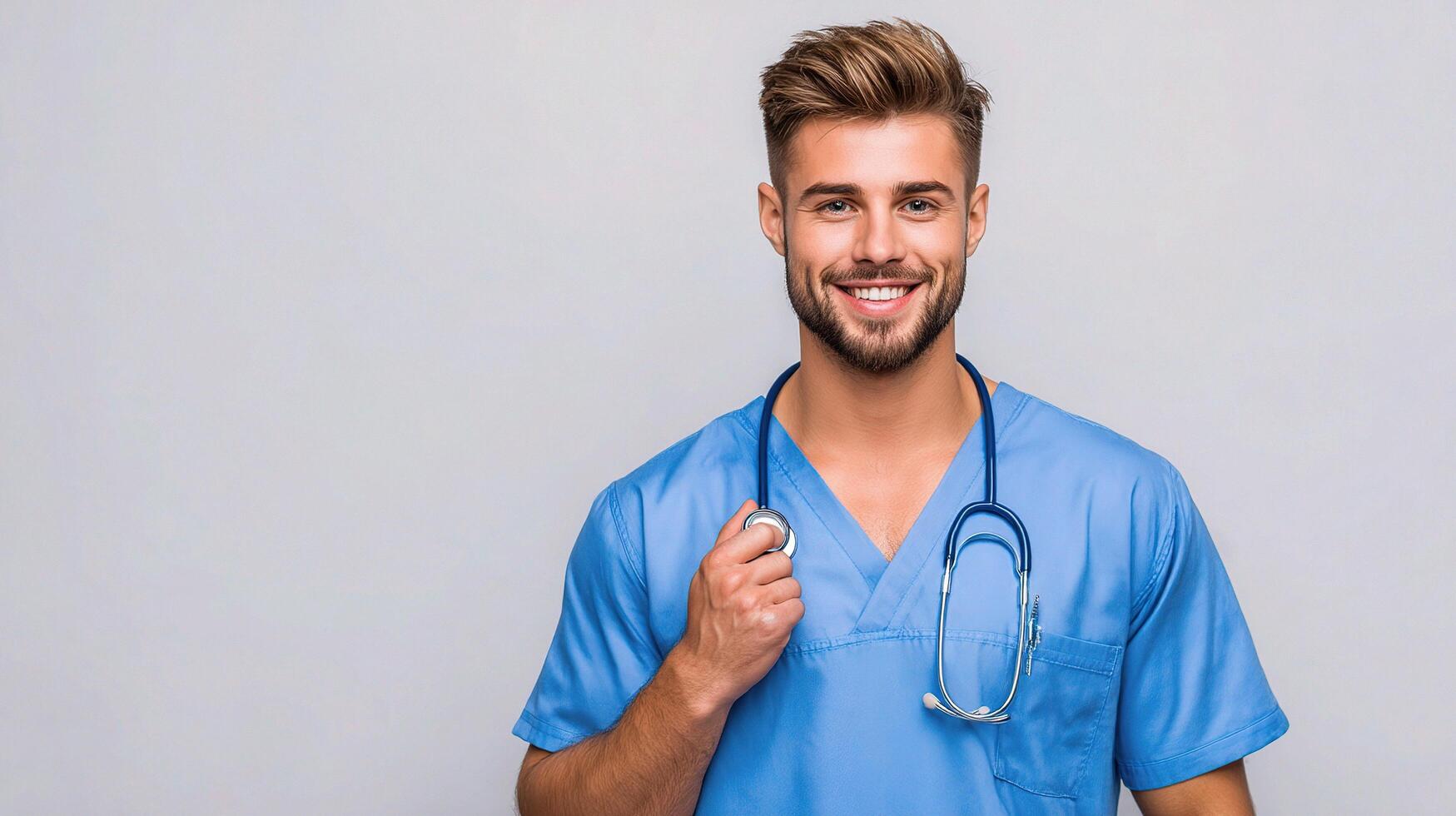 Smiling male doctor holding stethoscope photo