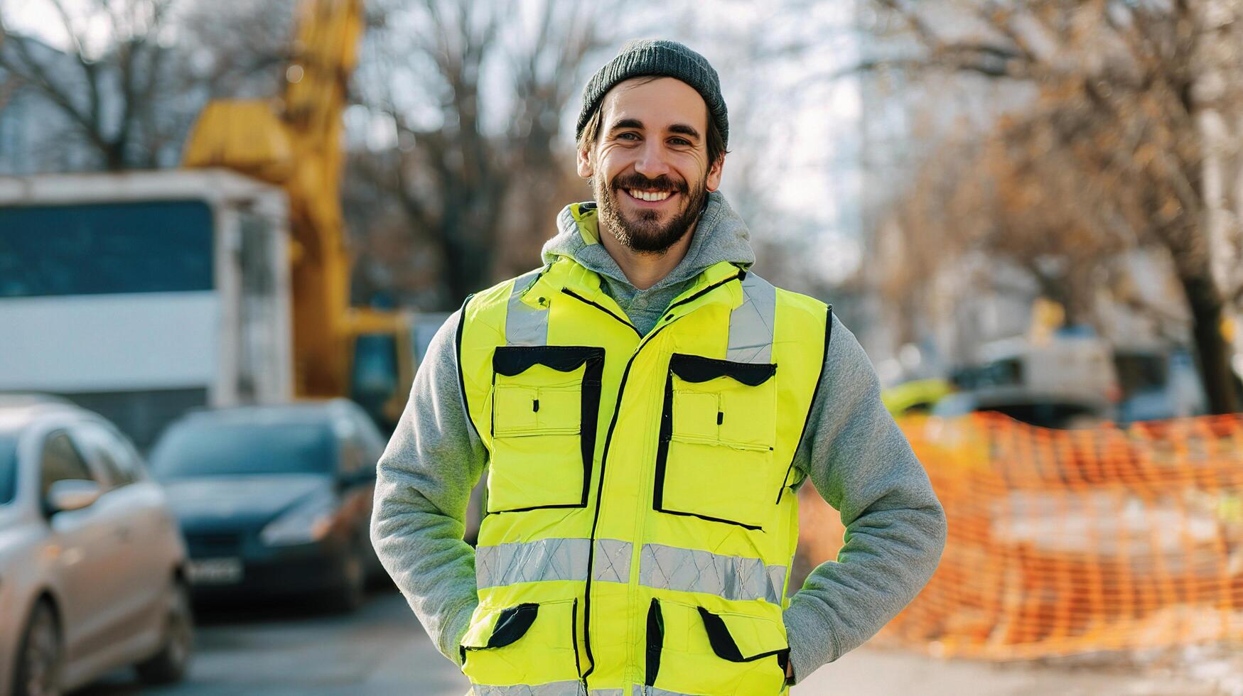 A man in a yellow vest standing in front of a construction site photo