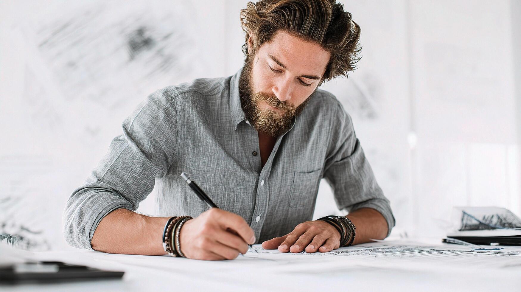 A man with a beard and a pen is writing on paper photo