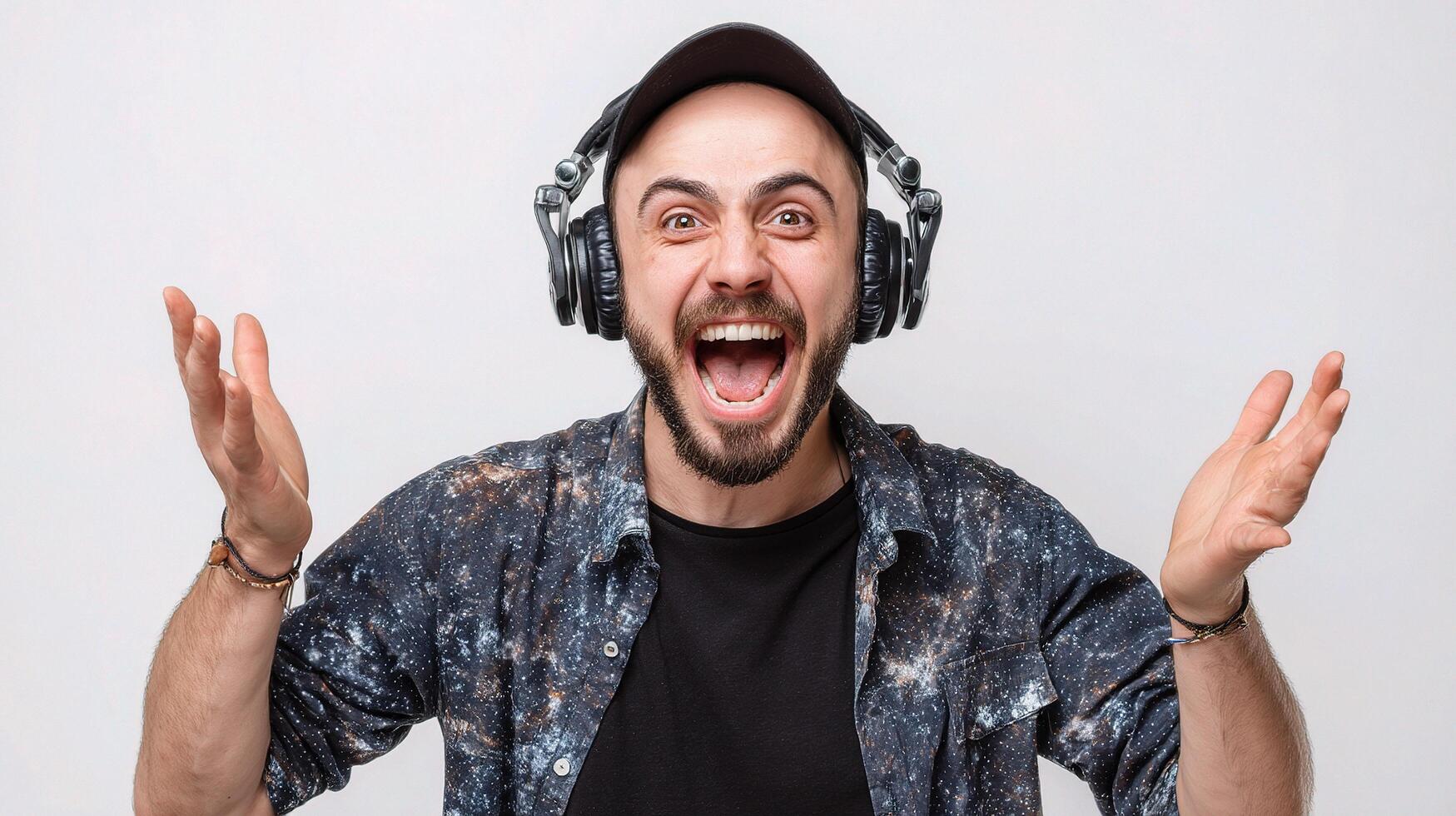 A man with headphones on his head and a surprised expression photo