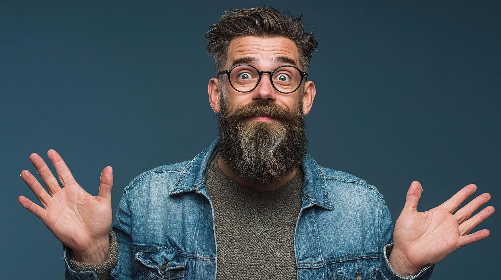A man with a beard and glasses is making a surprised face photo