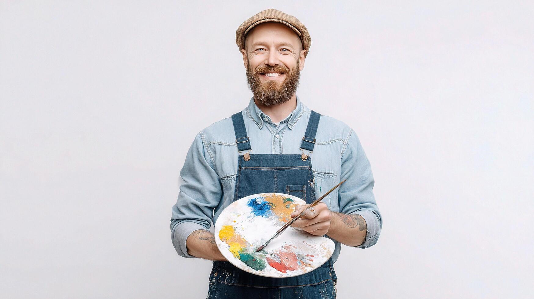 A bearded man in overalls holding a paintbrush and a palette photo
