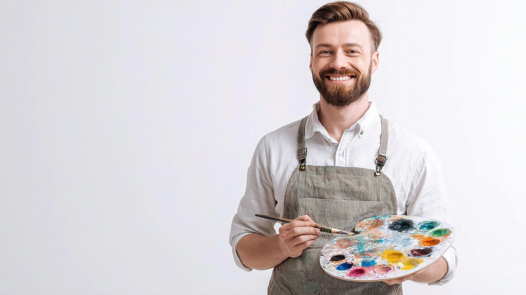 A man with a beard and apron holding a paint palette photo