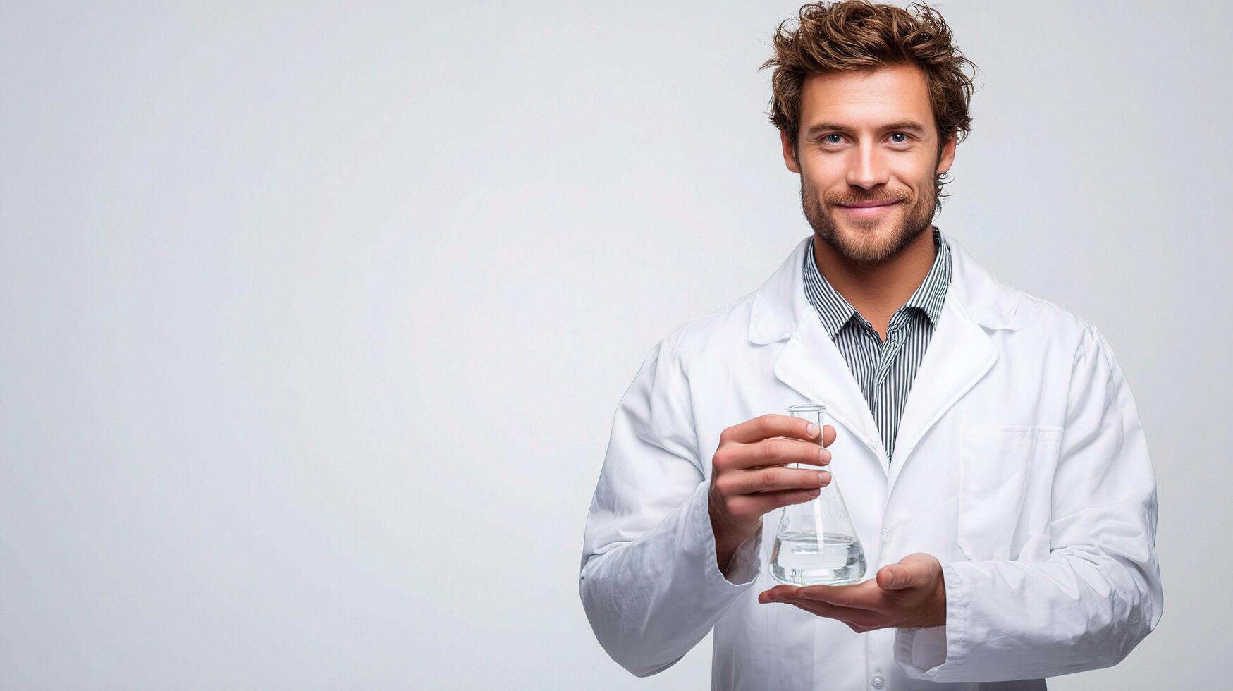 A man in a lab coat holding a flask photo