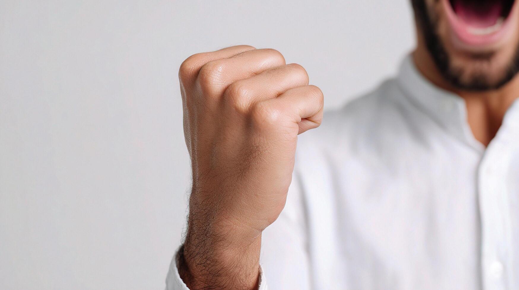 A man is holding up his fist photo