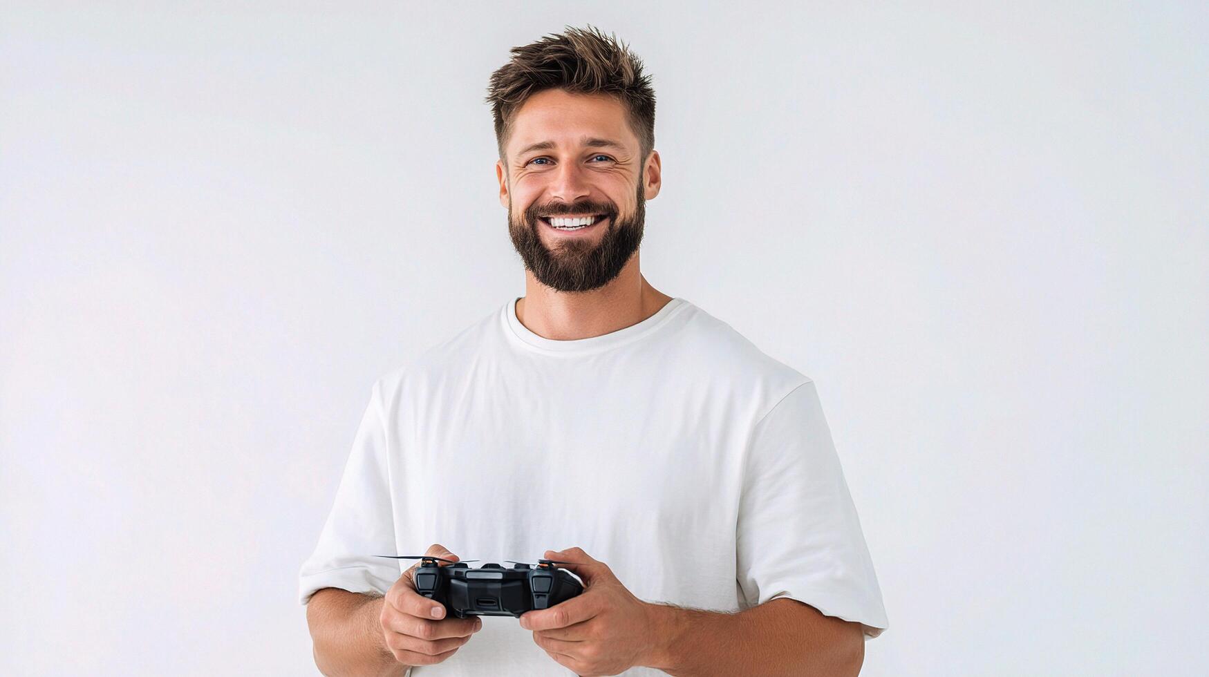 A man with a beard holding a game controller photo
