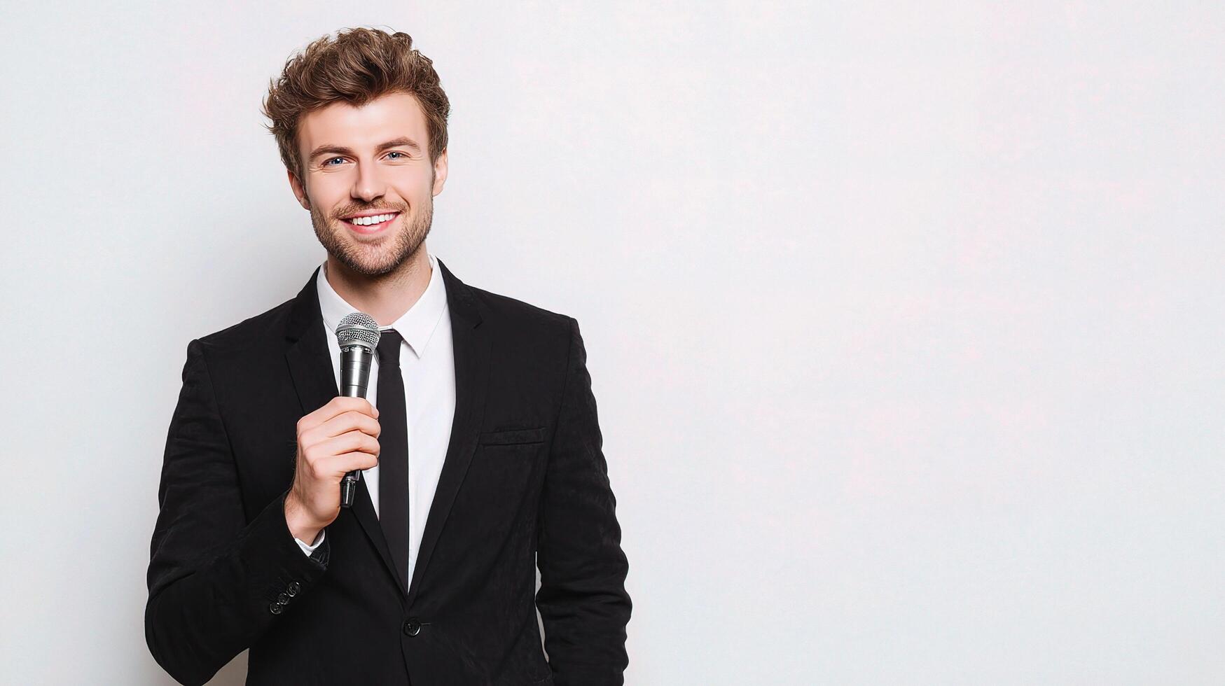 A man in a suit holding a microphone photo