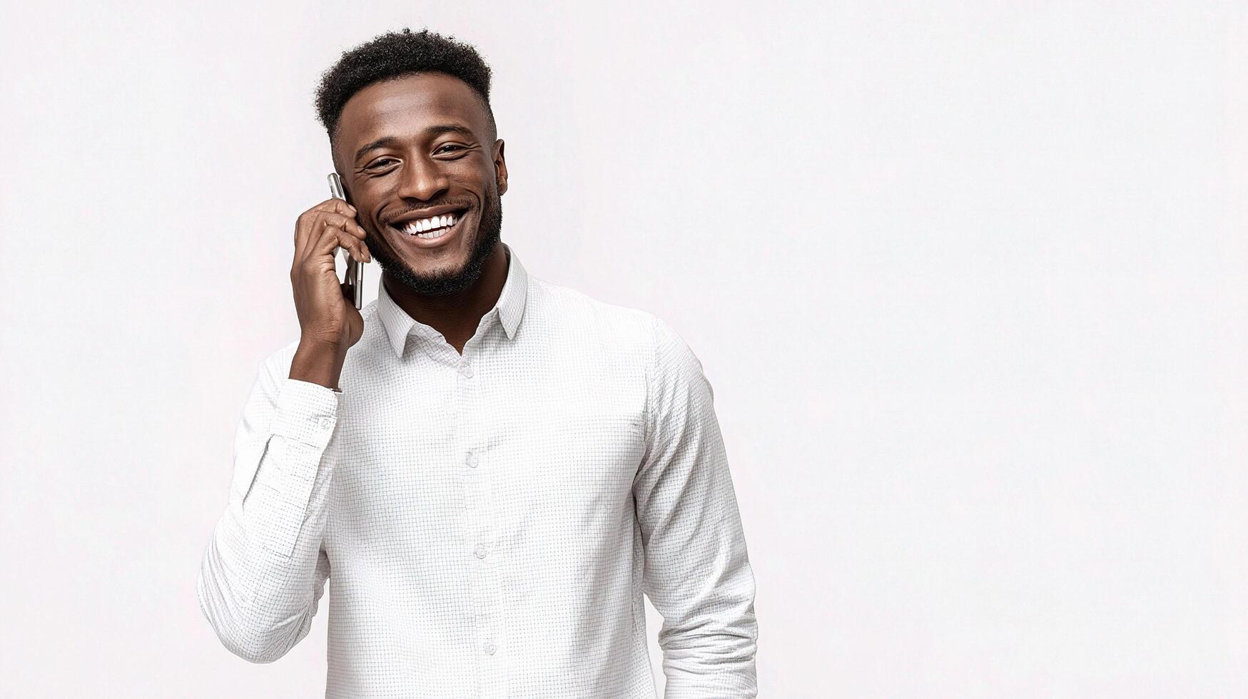 A man in a white shirt talking on his cell phone photo