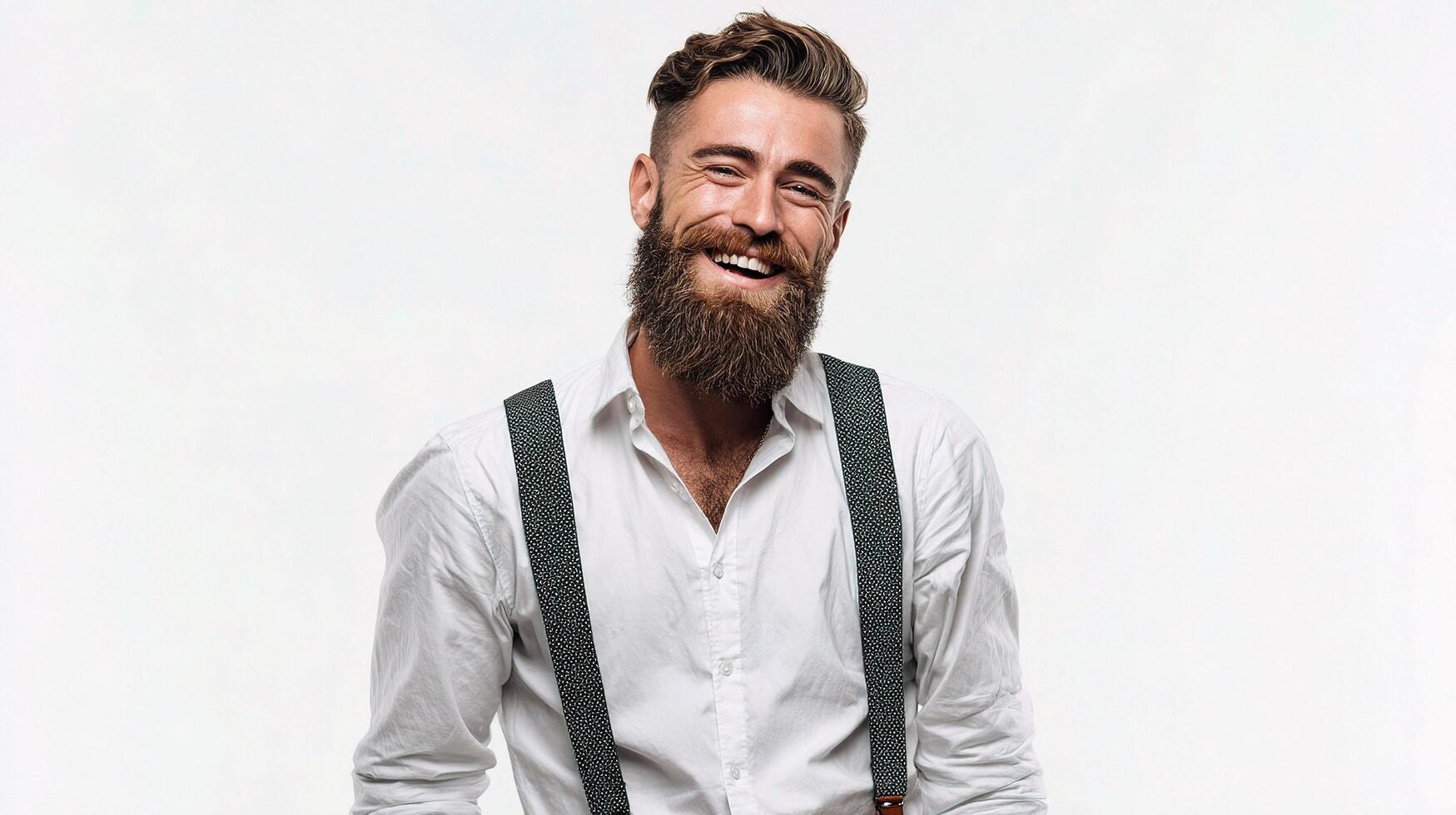 A man with a beard and suspenders is smiling photo