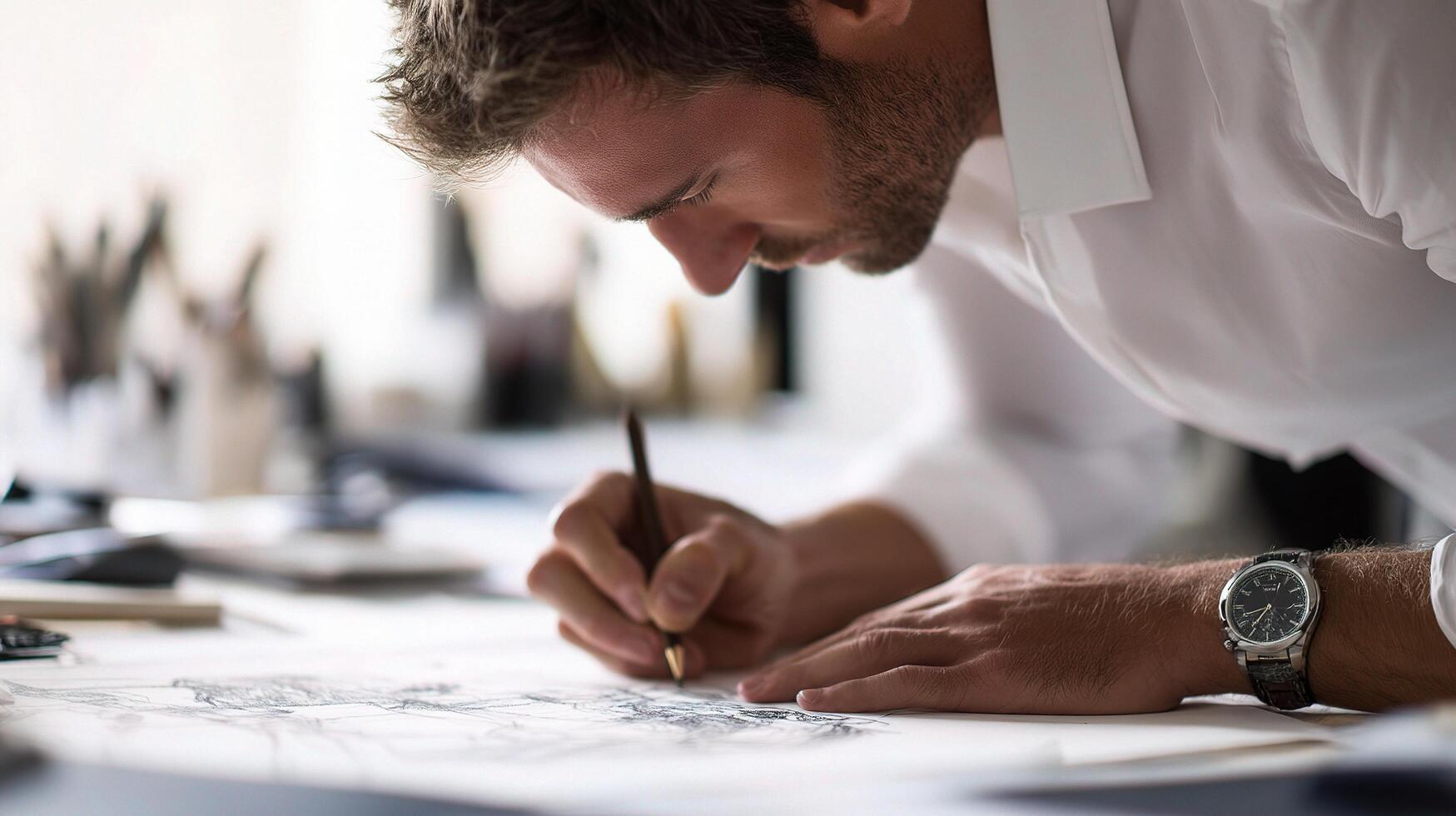 A man is drawing on paper with a pen photo