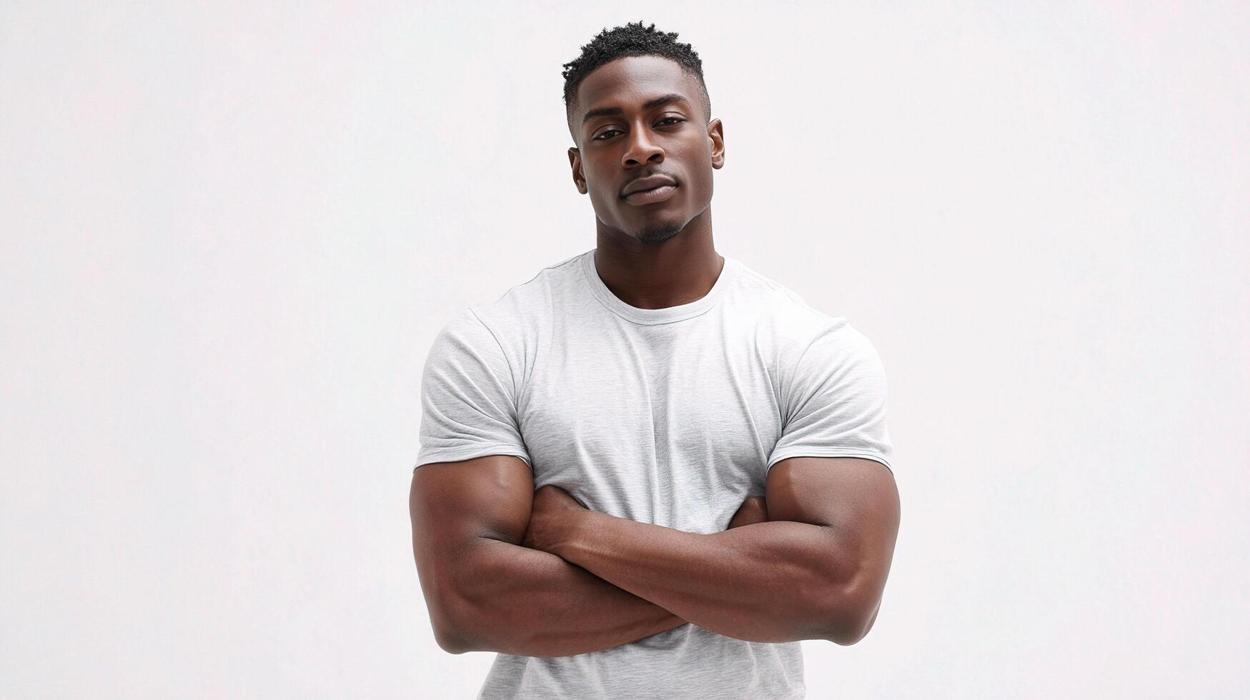 A man with arms crossed standing in front of a white background photo