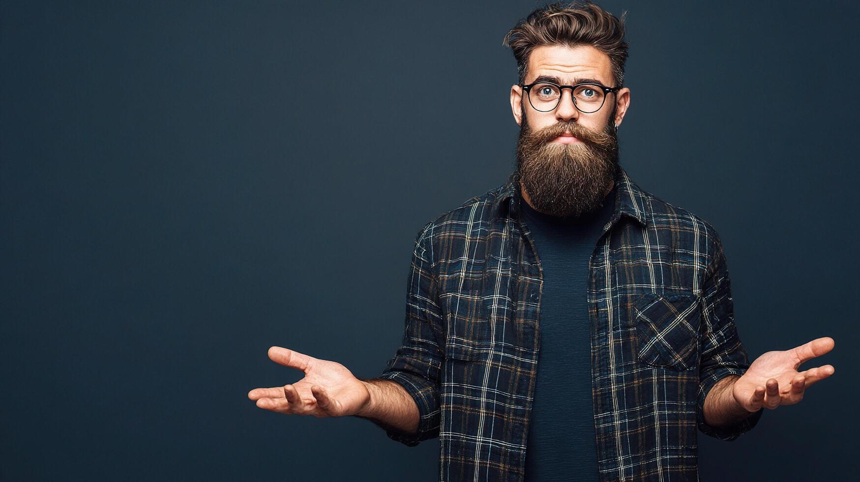 A bearded man with glasses and a beard is standing with his hands open photo