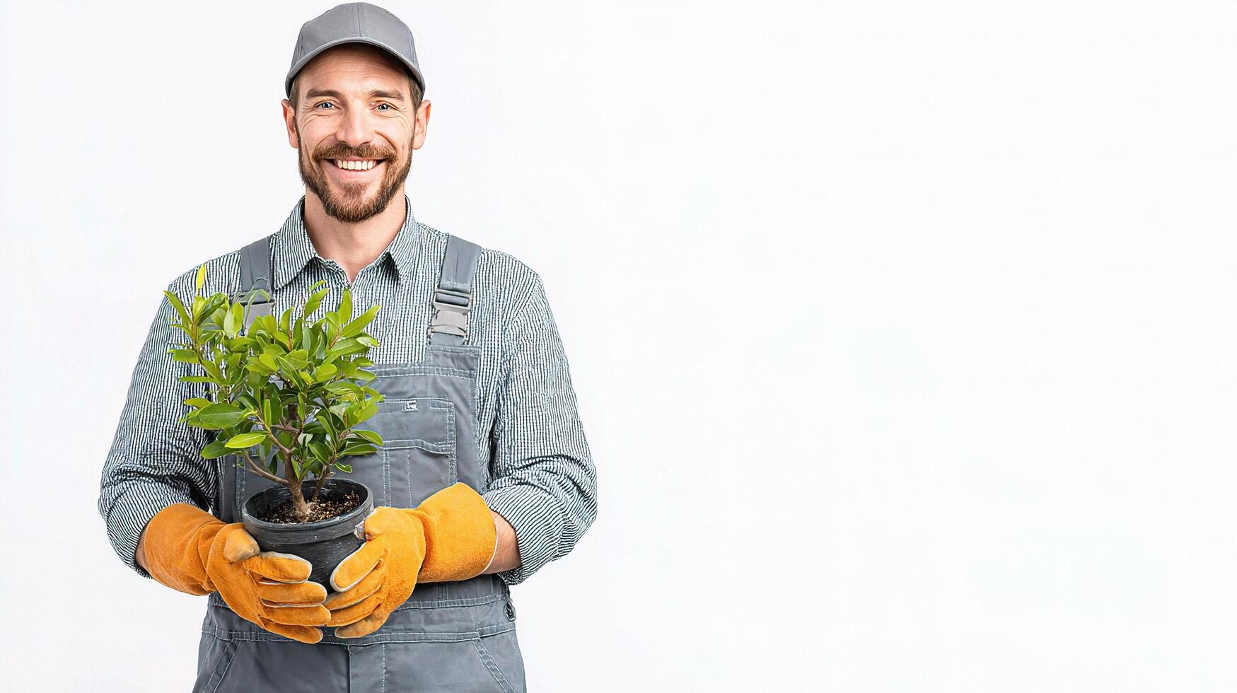 A smiling man in overalls holding a plant photo