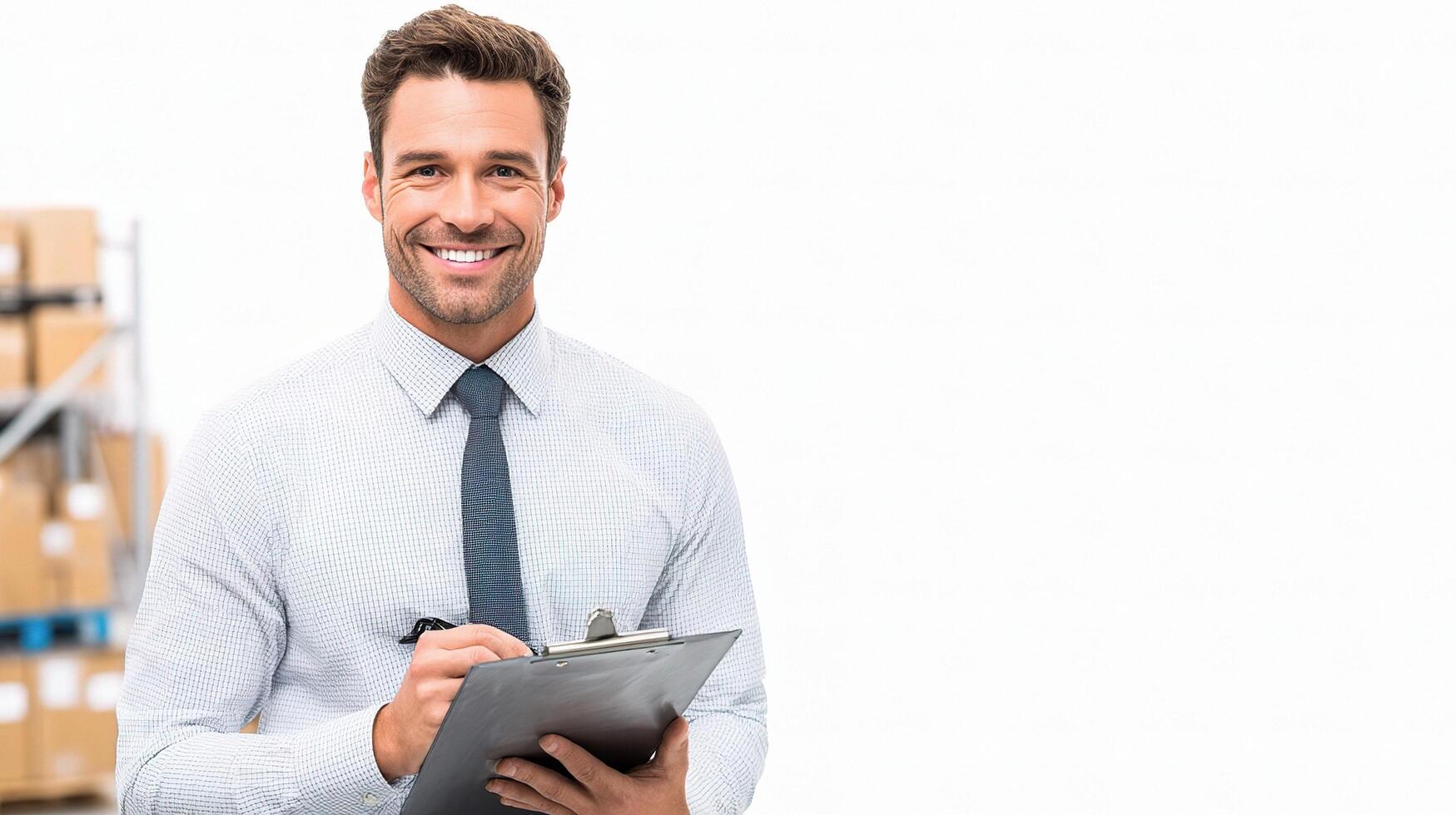 A smiling man holding a clipboard in front of boxes photo