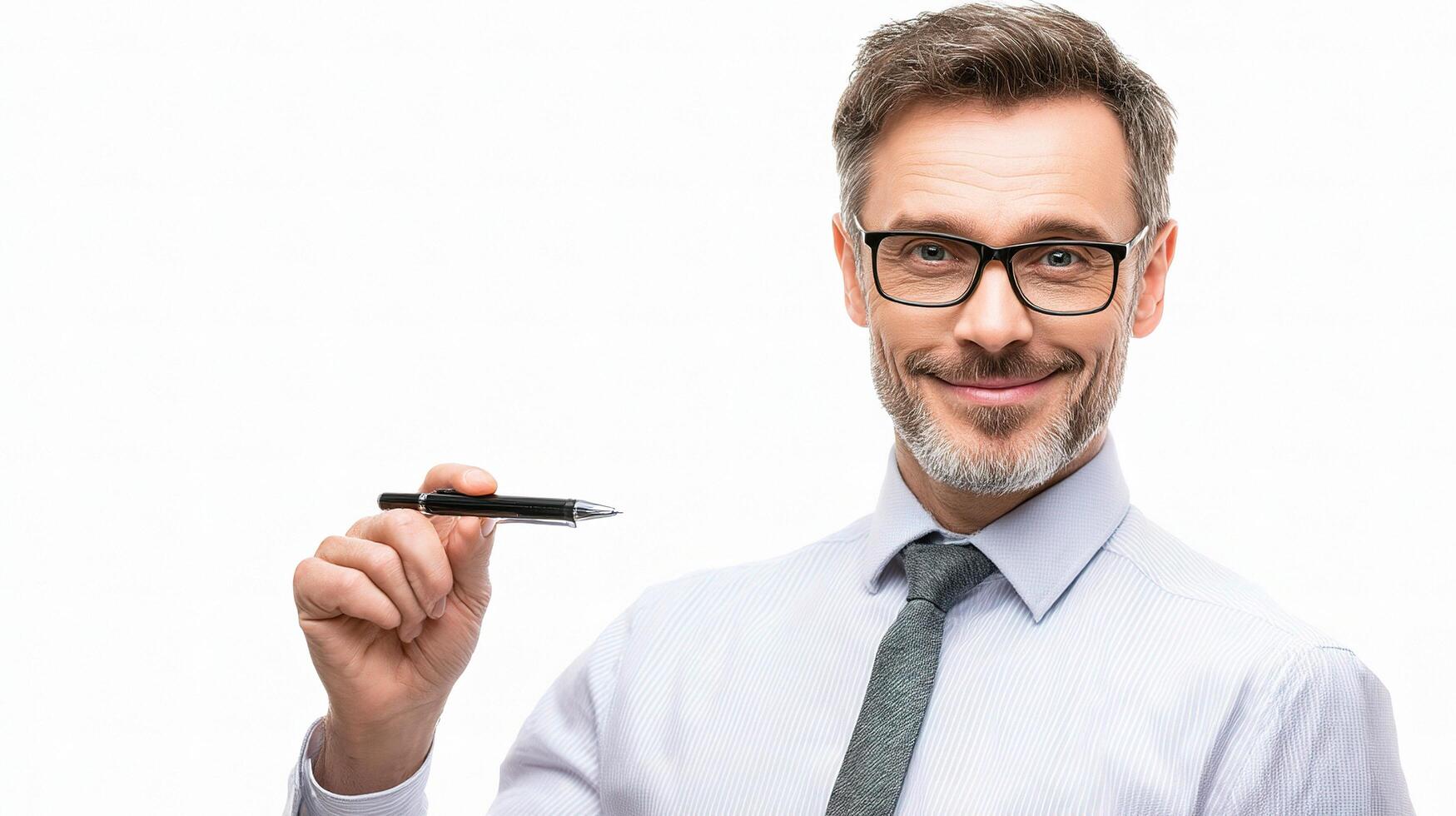 A man in glasses holding a pen photo