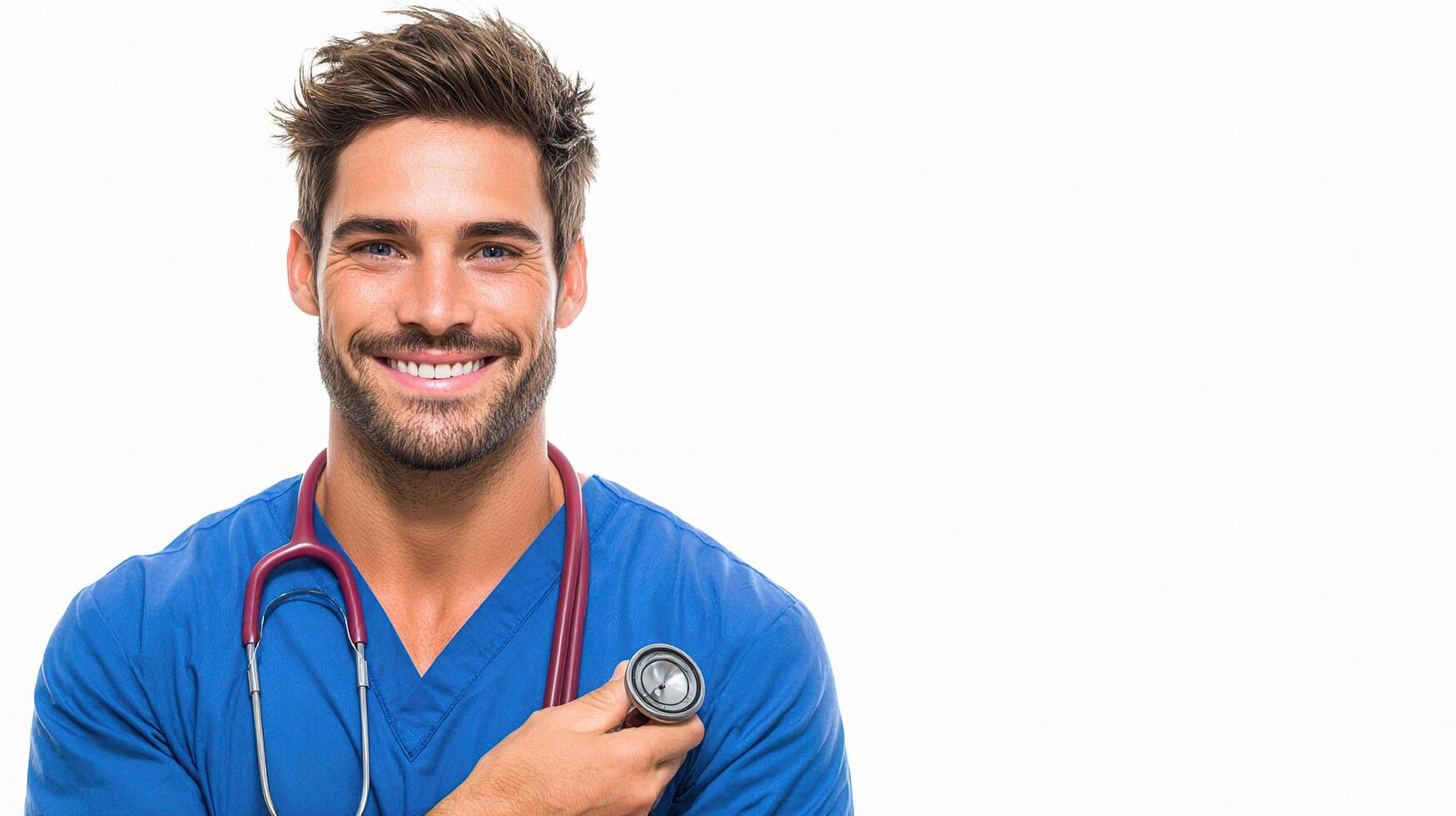 A smiling male doctor holding a stethoscope photo