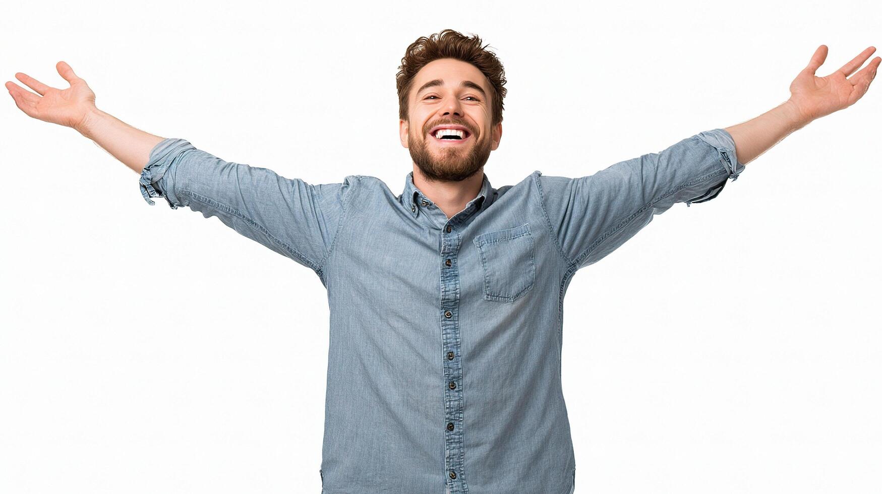 A man is smiling and raising his arms up photo