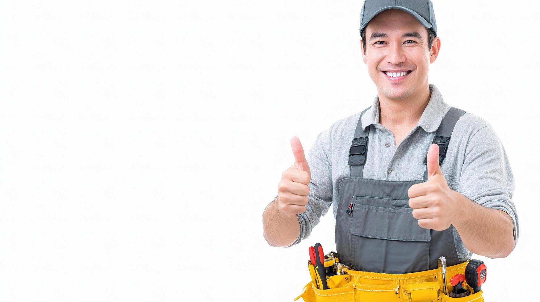 A man in a work uniform holding a tool belt photo
