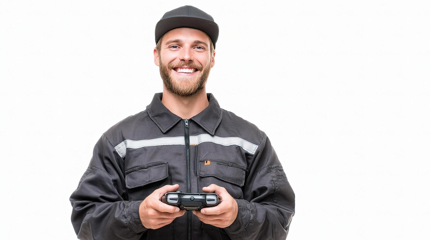 A man in a black jacket holding a remote control photo