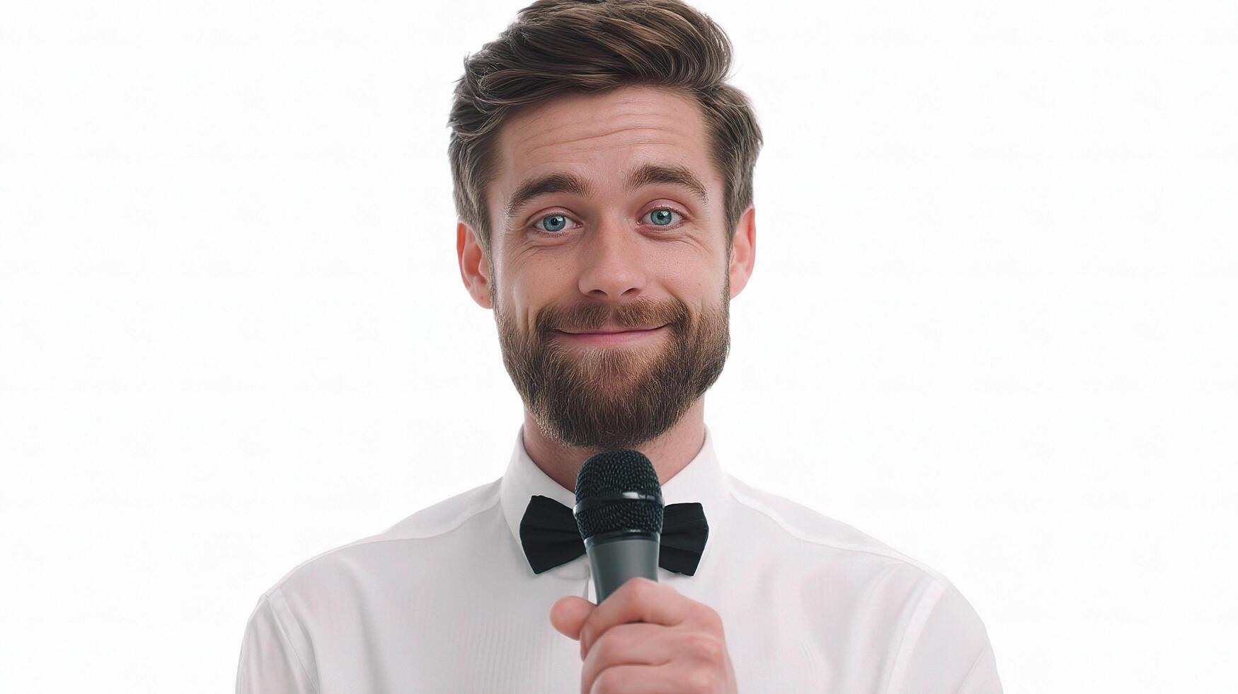 A man with a beard and bow tie holding a microphone photo