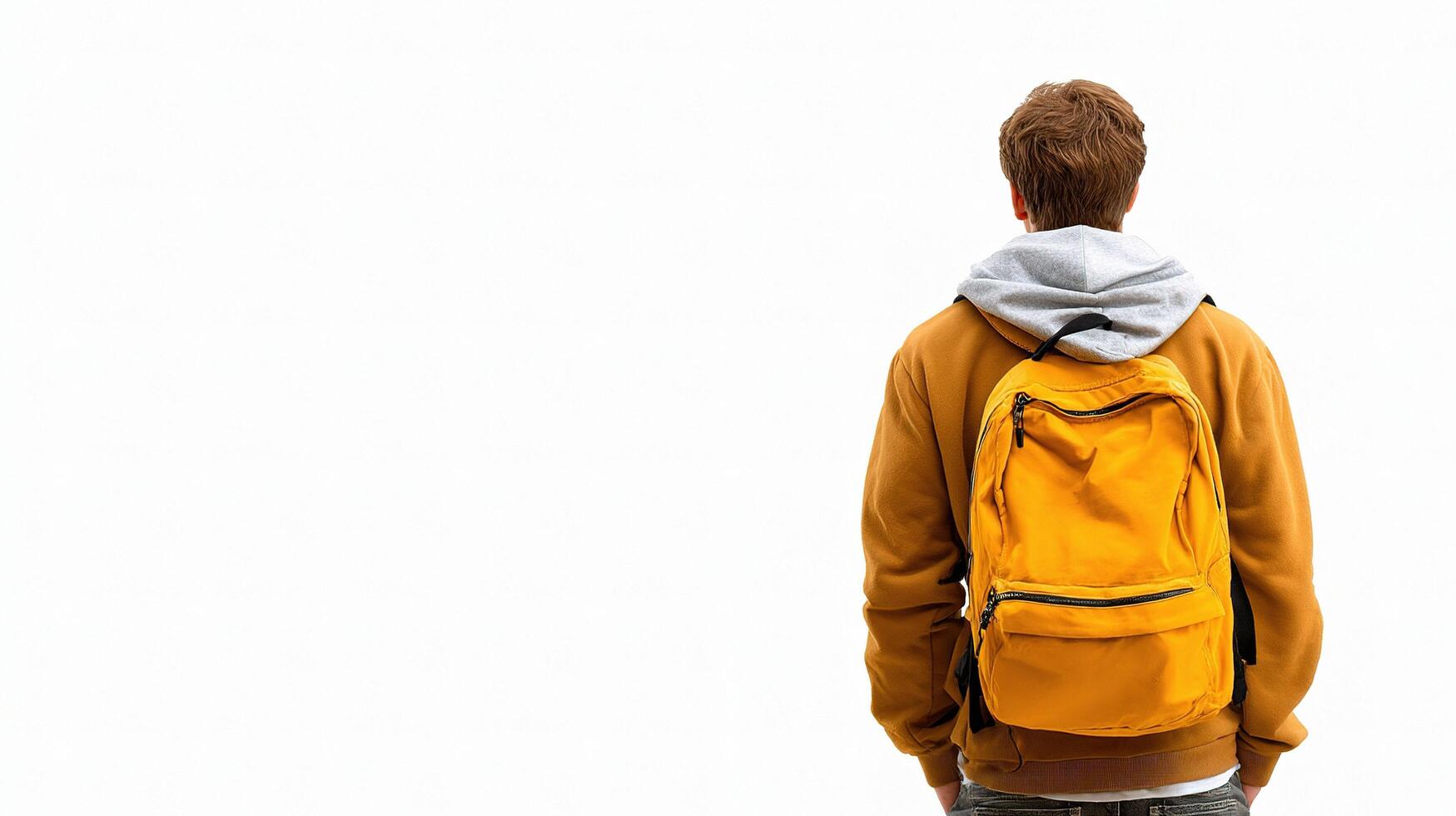 A man with a yellow backpack standing in front of a white background photo