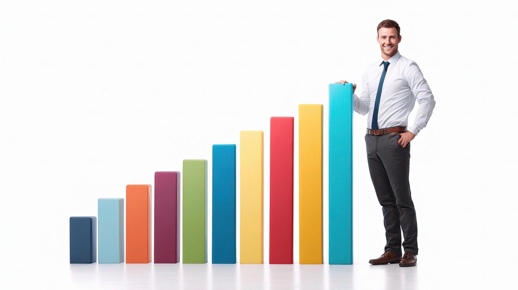 A man in a business suit standing next to a colorful bar chart photo