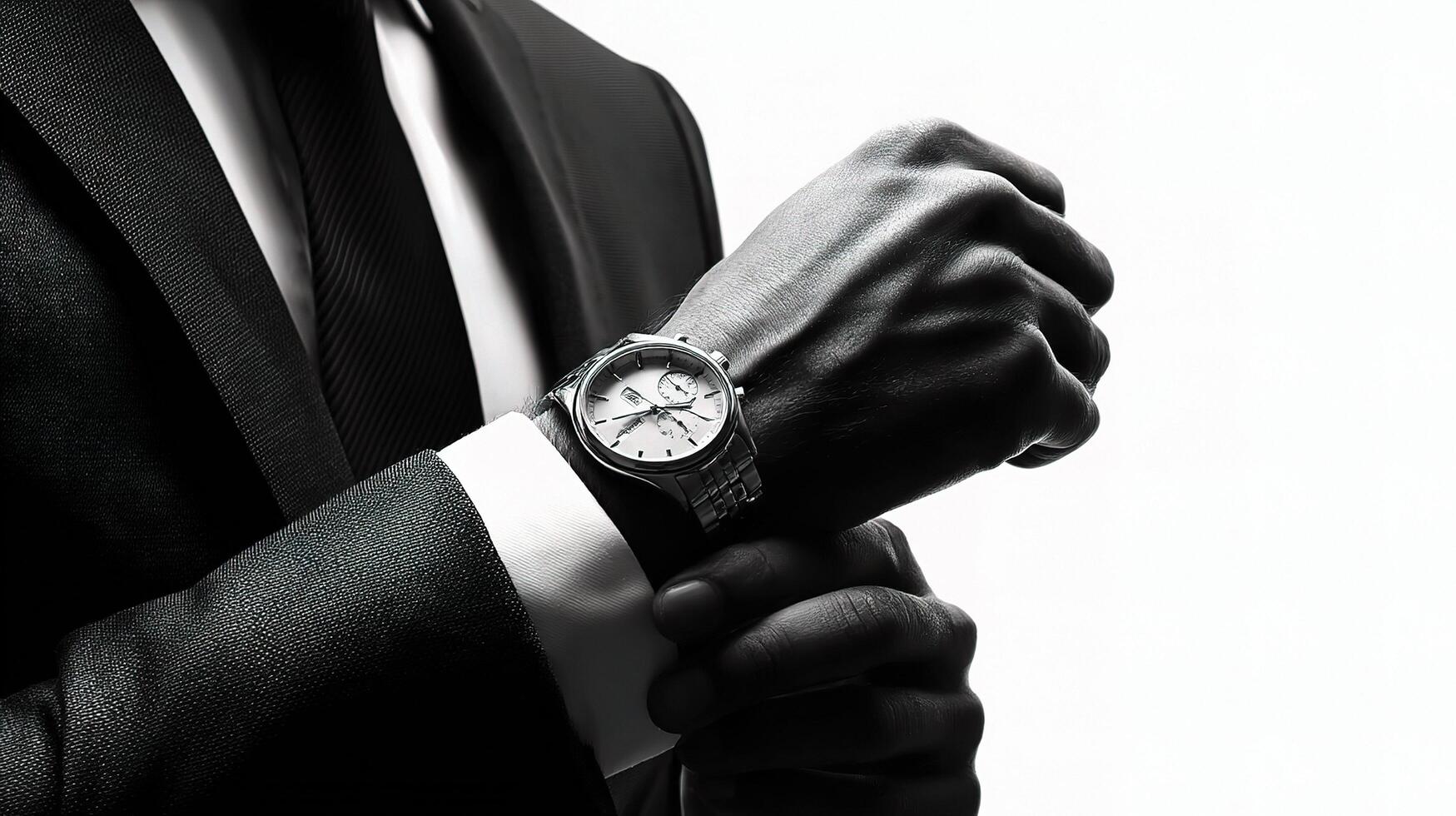 A man in a suit and tie is adjusting his watch photo