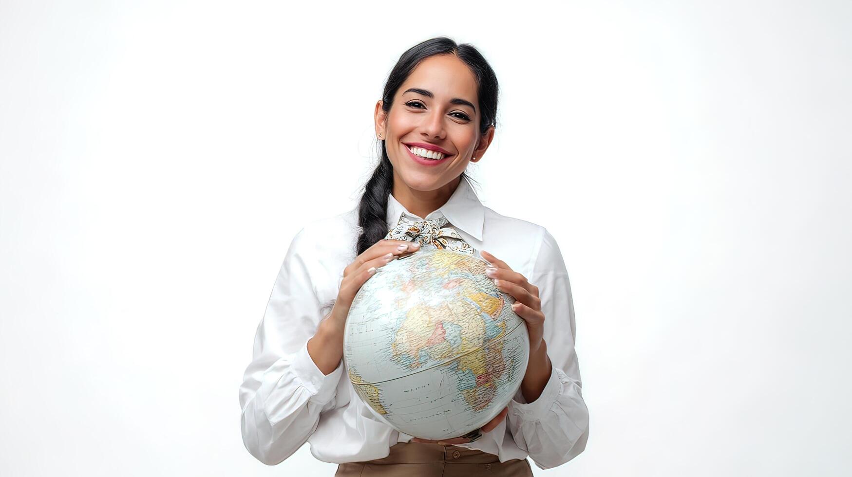 A woman in a business suit holding a globe photo