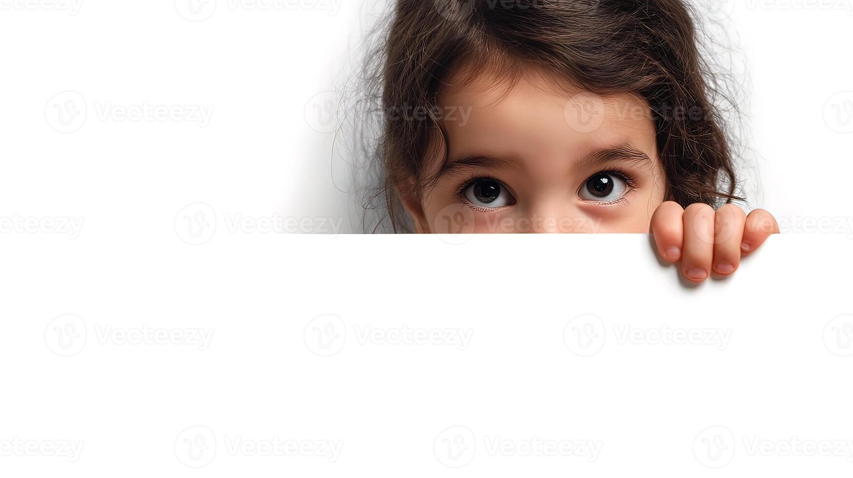 A little girl peeking over a white wall photo