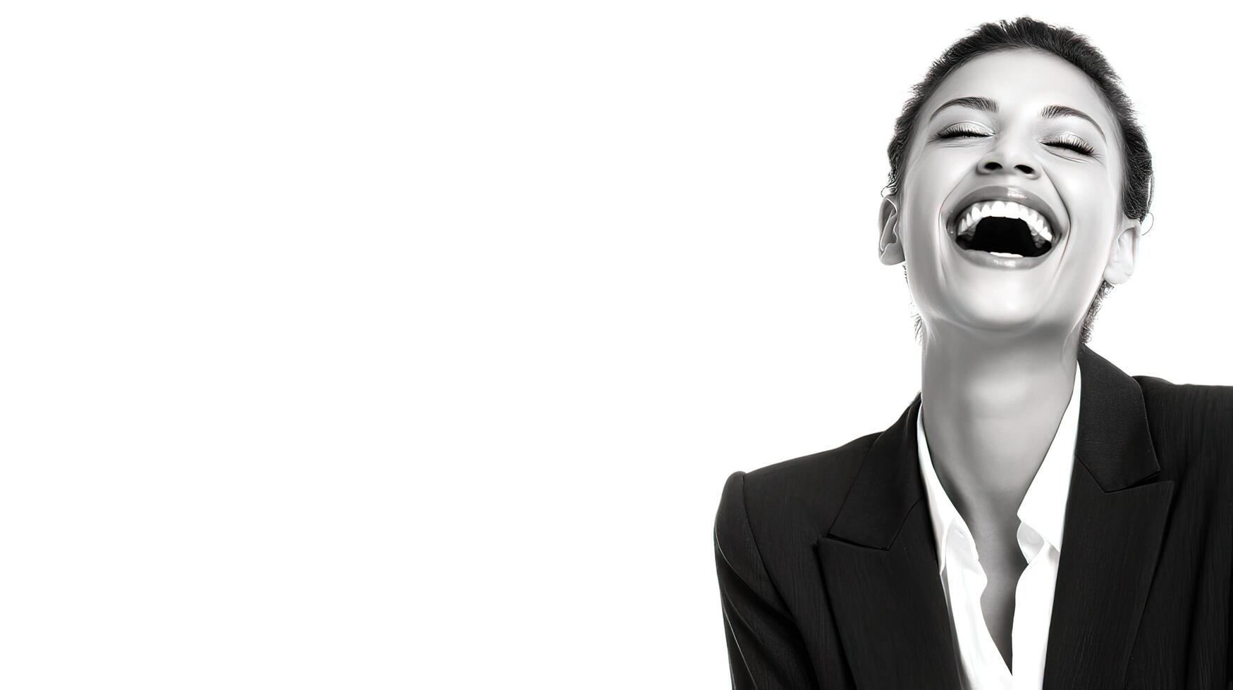 A woman laughing in a black and white photo